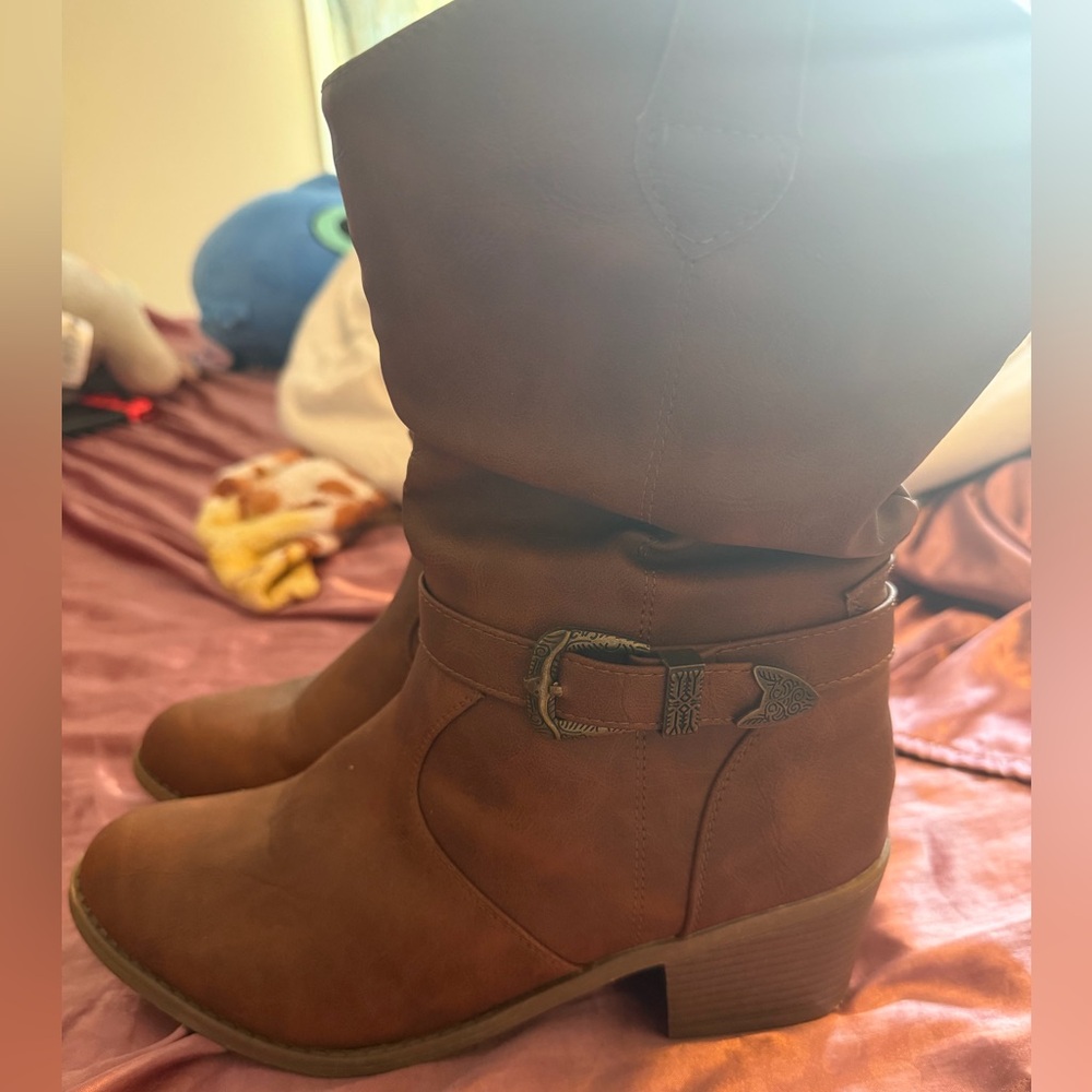 Women's Brown Faux Leather Slouch Ankle Boots with Decorative Buckle